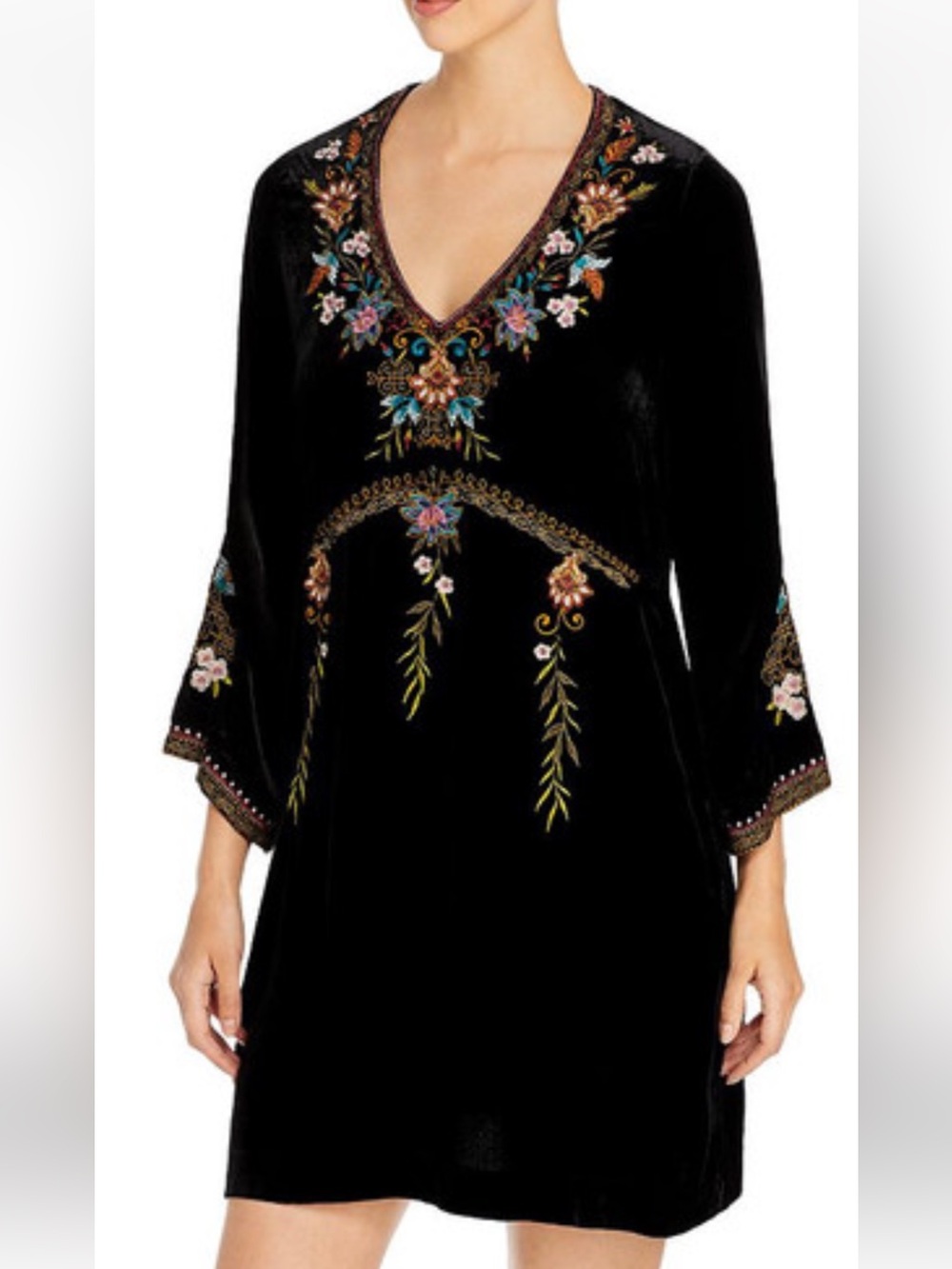 Johnny Was Esther Black Velvet Embroidery Mini Dress Long Sleeves SZ XS EUC